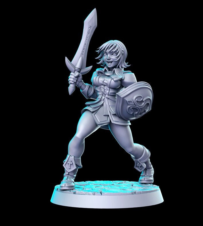 Pinup Sexy Female Fighter with Sword and Shield | 28mm Scale | 32mm Scale | 75mm Scale Miniature - Minis - D&D 5e - RN Estudio