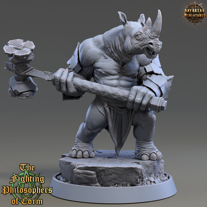 Rhinokin, Rhino-folk Warrior Scales: 28mm, 32mm,54mm,75mm | D&amp;D 5e Megaboss | Dungeons and Dragons | Pathfinder | Daybreak Miniatures