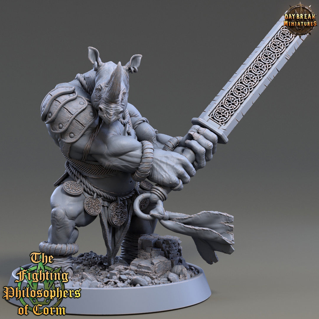 Rhinokin, Rhino-folk Warrior Scales: 28mm, 32mm,54mm,75mm | D&D 5e Megaboss | Dungeons and Dragons | Pathfinder | Daybreak Miniatures