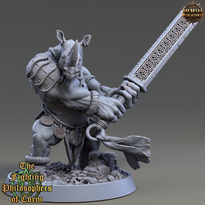 Rhinokin, Rhino-folk Warrior Scales: 28mm, 32mm,54mm,75mm | D&amp;D 5e Megaboss | Dungeons and Dragons | Pathfinder | Daybreak Miniatures