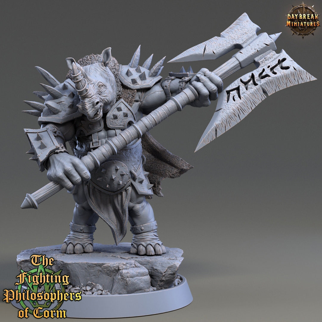Rhinokin, Rhino-folk Warrior Scales: 28mm, 32mm,54mm,75mm | D&D 5e Megaboss | Dungeons and Dragons | Pathfinder | Daybreak Miniatures