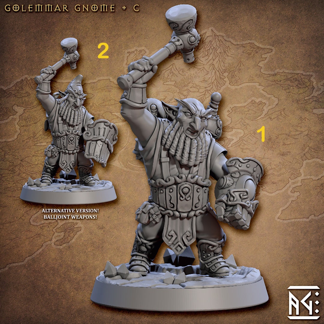 Fighter Gnome Hammer and Steam fist , Gnome with Shield | 28mm, 32mm, 75mm Scale Resin Miniature | Dungeons and Dragons | Artisan Guild