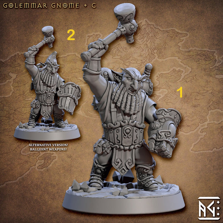 Fighter Gnome Hammer and Steam fist , Gnome with Shield | 28mm, 32mm, 75mm Scale Resin Miniature | Dungeons and Dragons | Artisan Guild