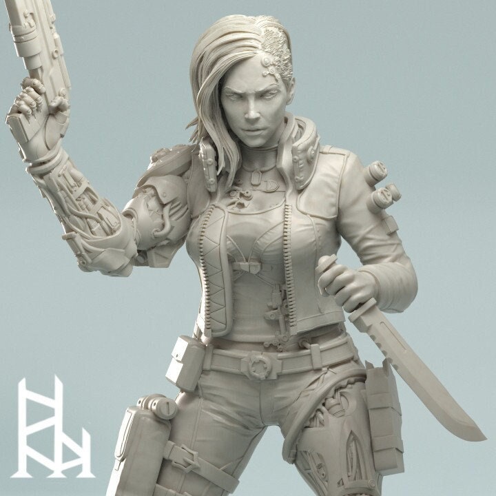 Female Cyberpunk Mercenary | 28mm, 32mm, 50mm, 75mm, 100mm | Sci-Fi miniatures | Fan Art | 3DArtguy