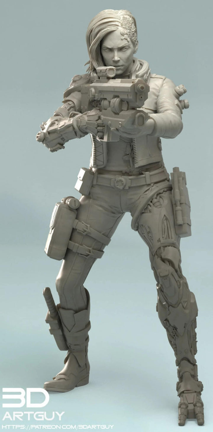 Female Cyberpunk Mercenary with Assault Rifle | 28mm, 32mm, 50mm, 75mm, 100mm | Sci-Fi miniatures | Fan Art | 3DArtguy