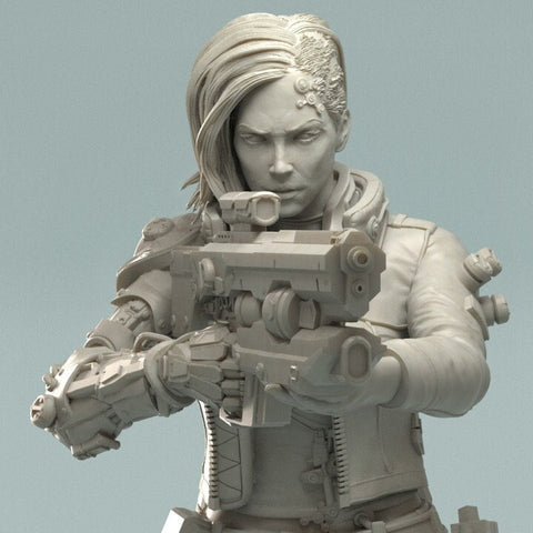 Female Cyberpunk Mercenary with Assault Rifle | 28mm, 32mm, 50mm, 75mm, 100mm | Sci-Fi miniatures | Fan Art | 3DArtguy