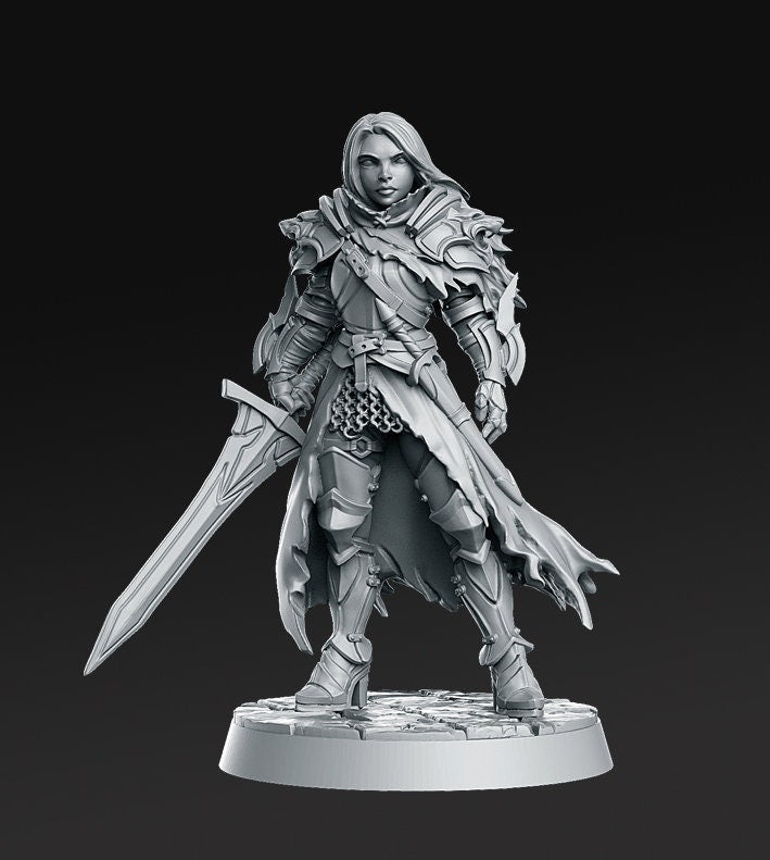 Female Paladin Fighter Platemail | 28mm,32mm,75mm Scale Dungeons and Dragons 5e Miniature Unpainted Figurine D&D Tabletop RPG Fantasy Gaming