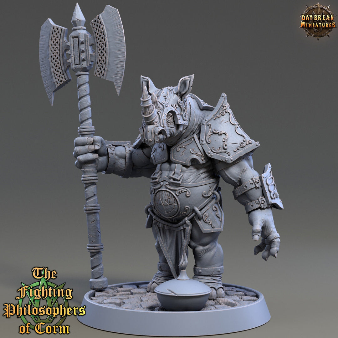 Rhinokin, Rhino-folk Warrior Scales: 28mm, 32mm,54mm,75mm | D&D 5e Megaboss | Dungeons and Dragons | Pathfinder | Daybreak Miniatures