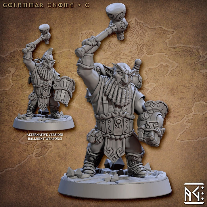 Fighter Gnome Hammer and Steam fist , Gnome with Shield | 28mm, 32mm, 75mm Scale Resin Miniature | Dungeons and Dragons | Artisan Guild