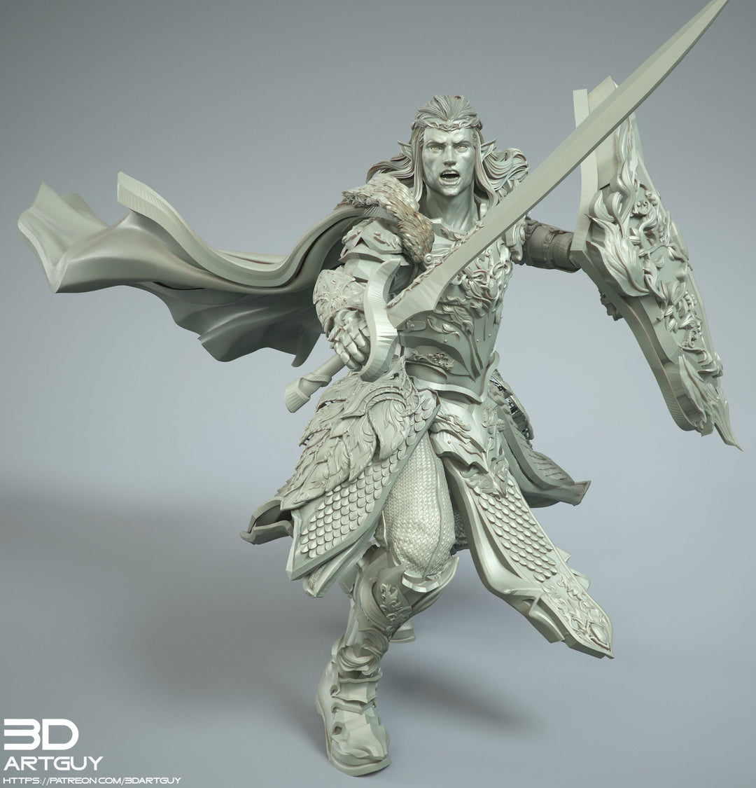 Elf Paladin with Sword and Shield and Heavy Armor | 28mm, 32mm Scales also 50mm and 100mm| Dungeons and Dragons| Pathfinder |3dArtGuy