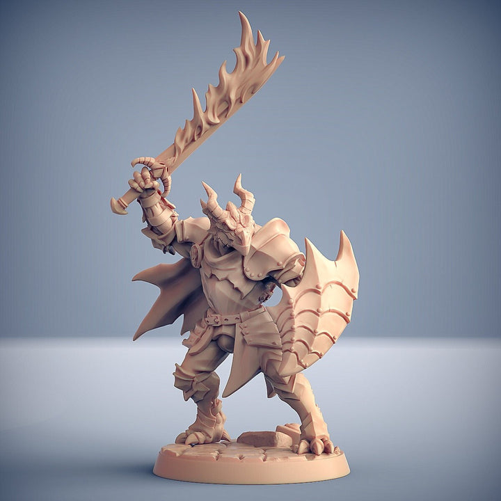 Dragonborn Paladin Fighter Flaming Sword &amp; Shield | 28mm, 32mm, 54mm, 75mm Scale Resin Miniature | Dungeons and Dragons | Pathfinder |