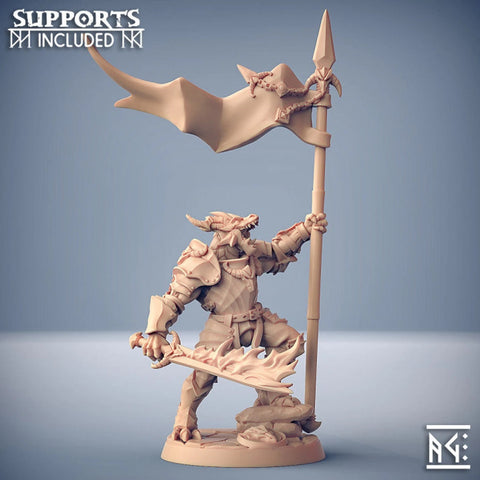Dragonborn Paladin Fighter Banner and Flaming Sword | 28mm, 32mm, 54mm, 75mm Scale Resin Miniature | Dungeons and Dragons | Pathfinder |