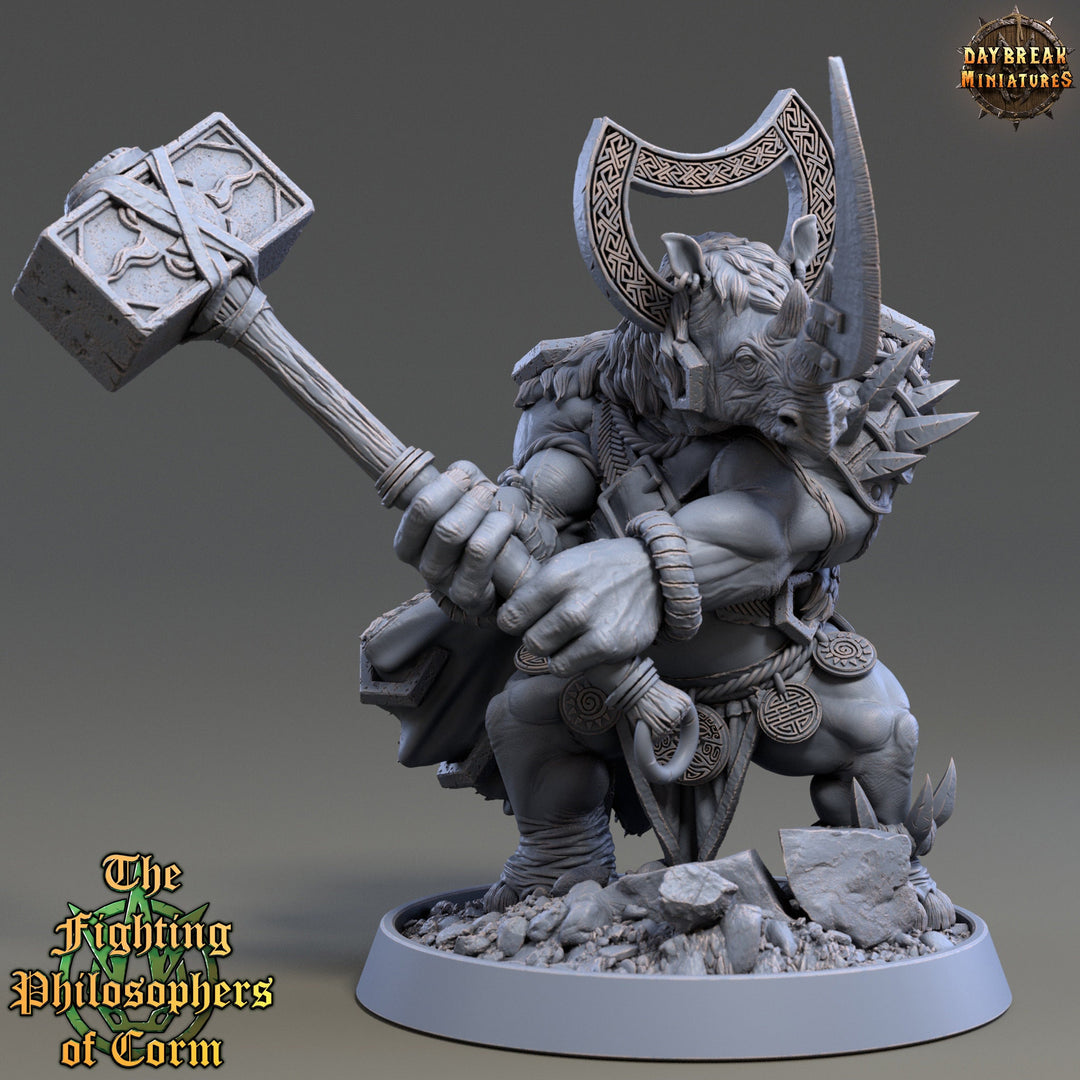 Rhinokin, Rhino-folk Warrior Scales: 28mm, 32mm,54mm,75mm | D&D 5e Megaboss | Dungeons and Dragons | Pathfinder | Daybreak Miniatures