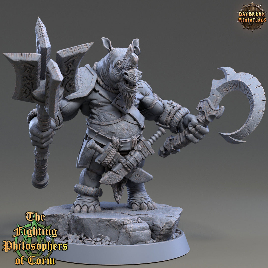Rhinokin, Rhino-folk Warrior Scales: 28mm, 32mm,54mm,75mm | D&D 5e Megaboss | Dungeons and Dragons | Pathfinder | Daybreak Miniatures