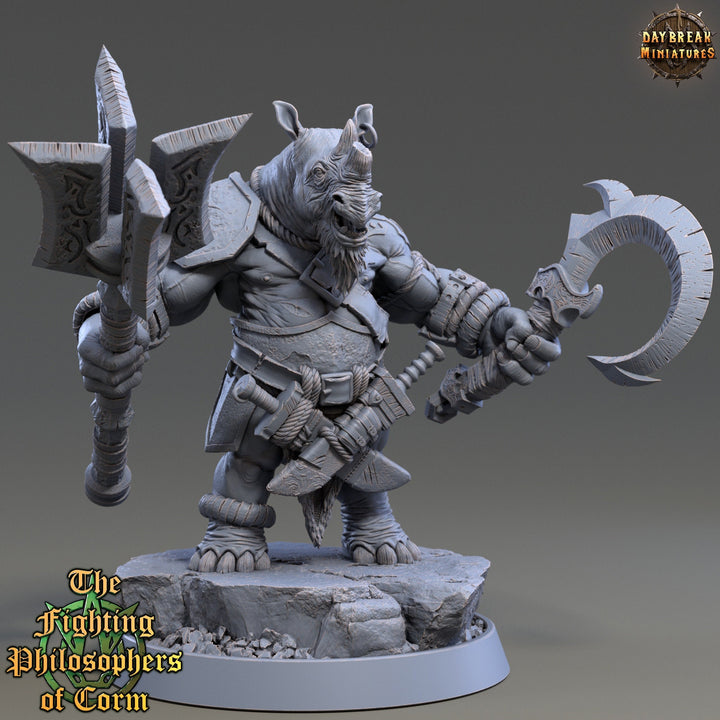 Rhinokin, Rhino-folk Warrior Scales: 28mm, 32mm,54mm,75mm | D&amp;D 5e Megaboss | Dungeons and Dragons | Pathfinder | Daybreak Miniatures