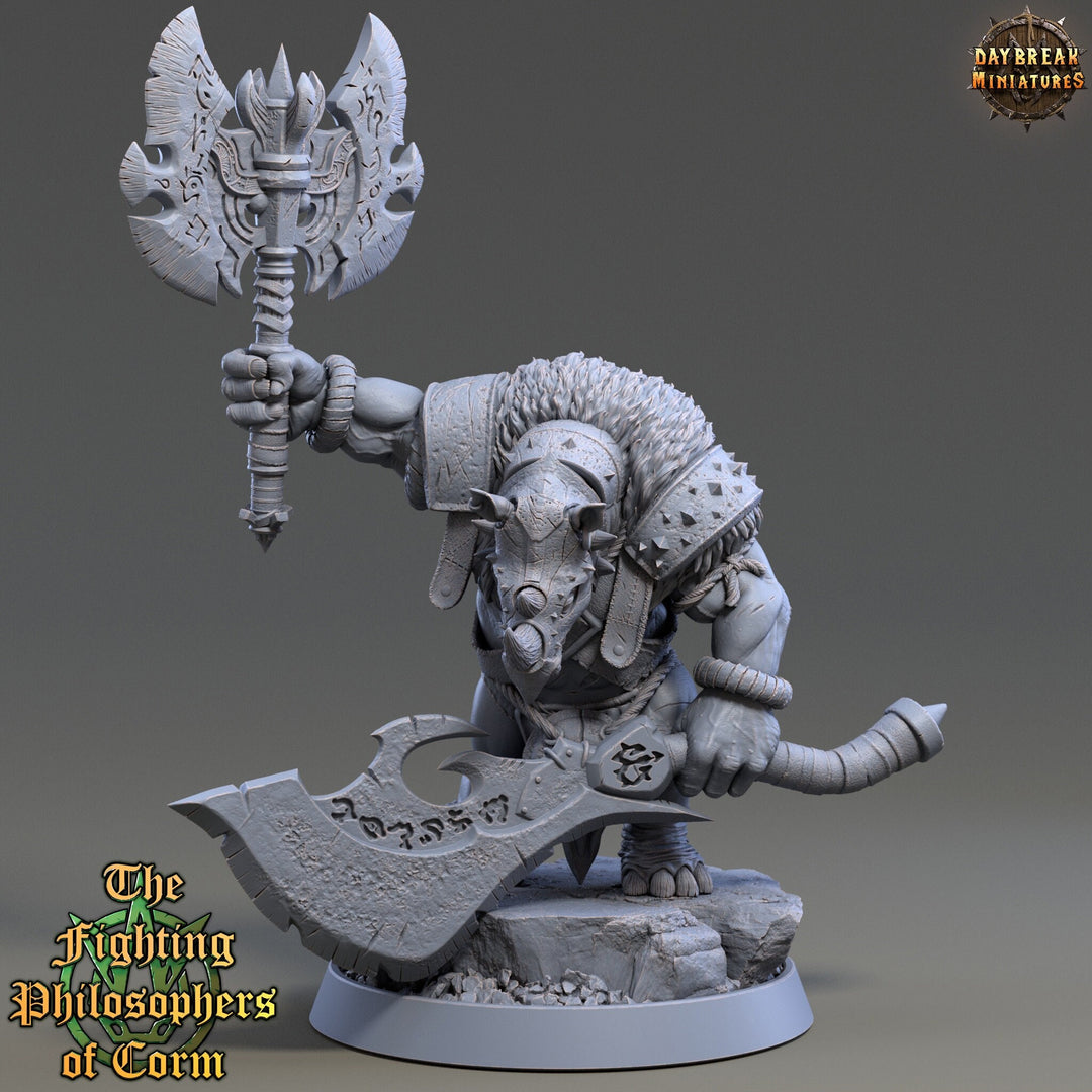 Rhinokin, Rhino-folk Warrior Scales: 28mm, 32mm,54mm,75mm | D&D 5e Megaboss | Dungeons and Dragons | Pathfinder | Daybreak Miniatures