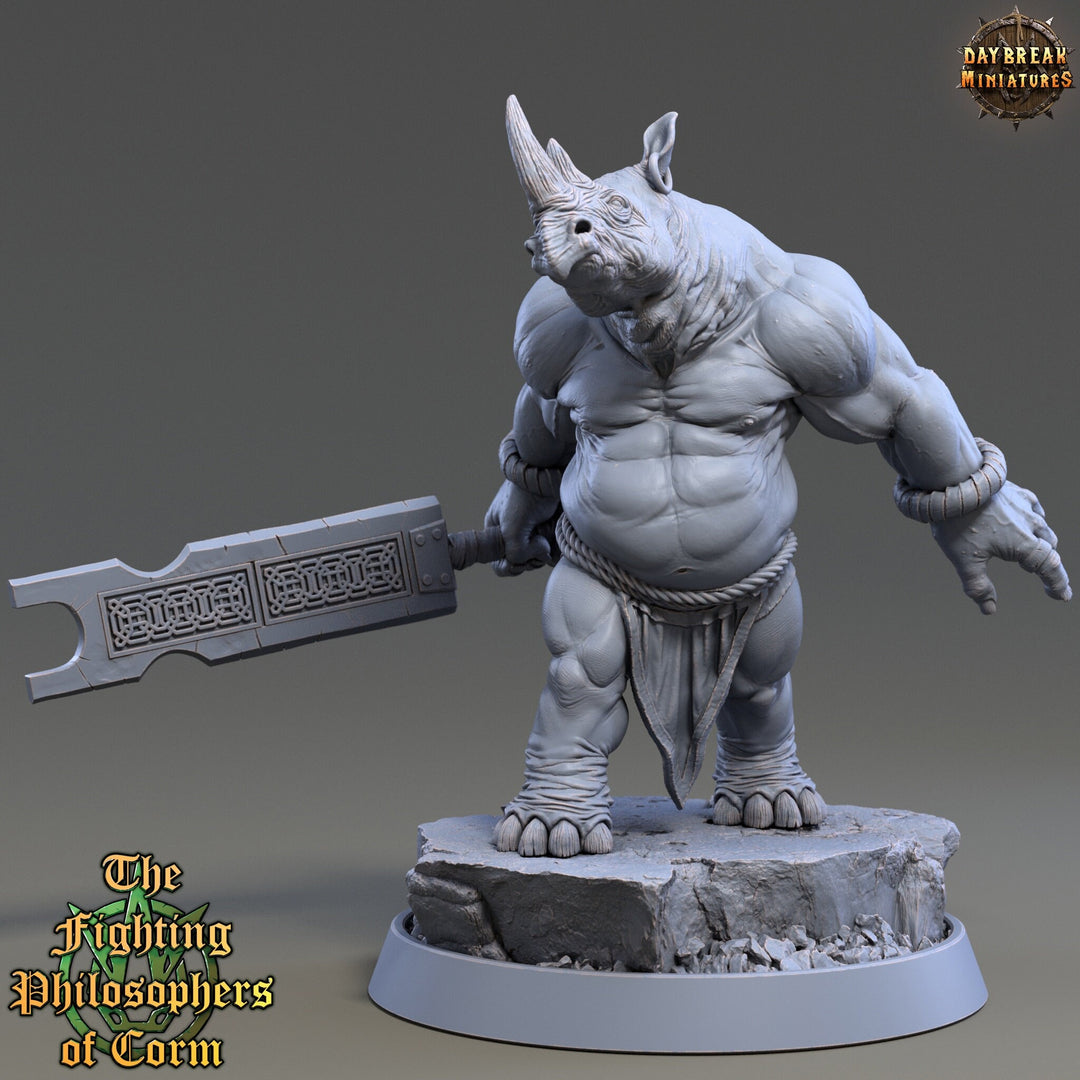 Rhinokin, Rhino-folk Warrior Scales: 28mm, 32mm,54mm,75mm | D&D 5e Megaboss | Dungeons and Dragons | Pathfinder | Daybreak Miniatures