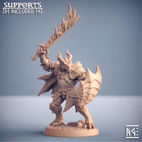 Dragonborn Paladin Fighter Flaming Sword & Shield | 28mm, 32mm, 54mm, 75mm Scale Resin Miniature | Dungeons and Dragons | Pathfinder |