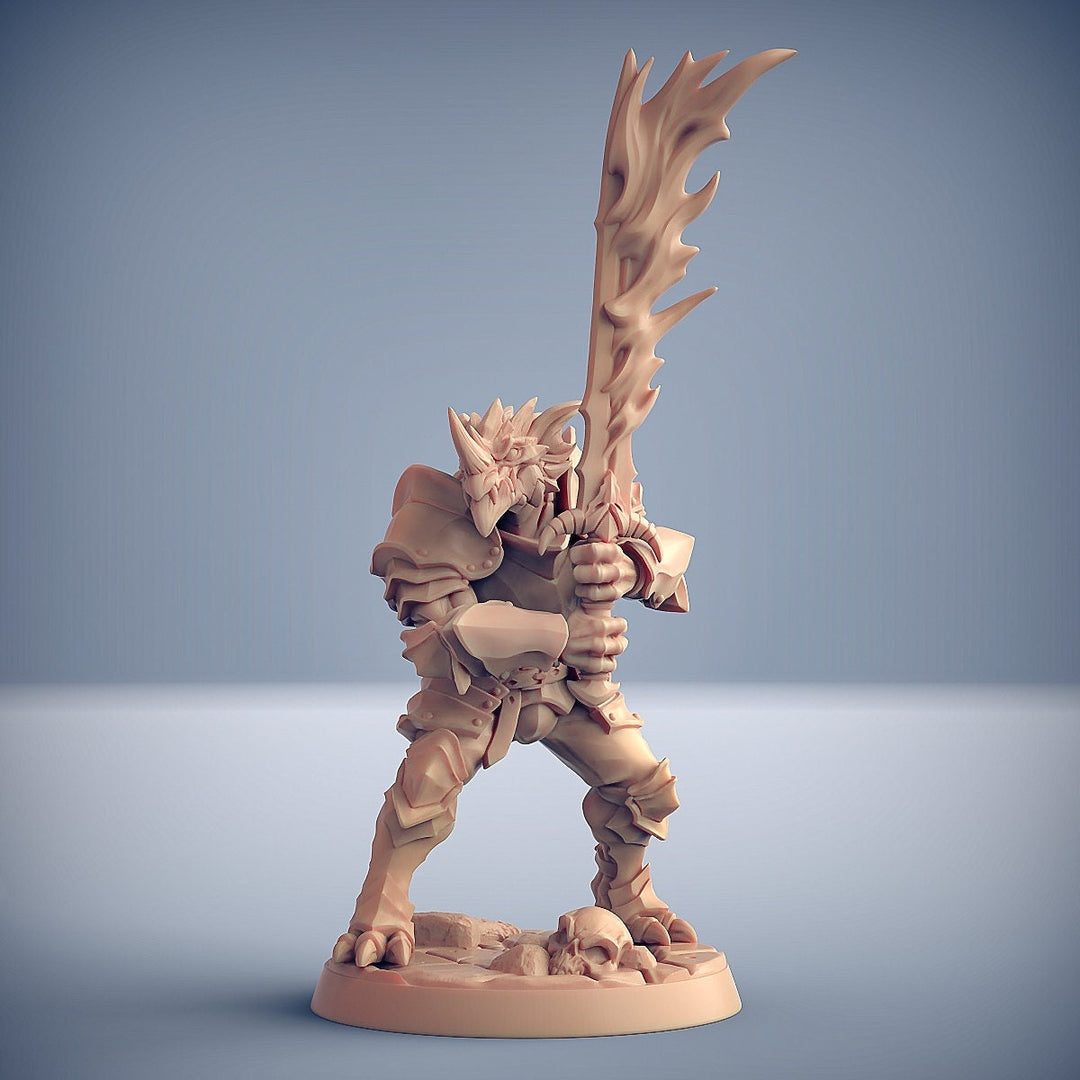 Dragonborn Paladin Fighter 2-handed Flaming Sword | 28mm, 32mm, 54mm, 75mm Scale Resin Miniature | Dungeons and Dragons | Pathfinder |