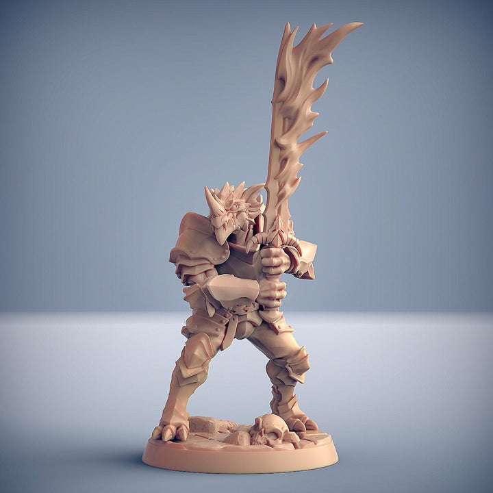 Dragonborn Paladin Fighter 2-handed Flaming Sword | 28mm, 32mm, 54mm, 75mm Scale Resin Miniature | Dungeons and Dragons | Pathfinder |