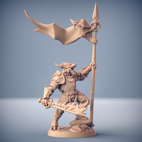 Dragonborn Paladin Fighter Banner and Flaming Sword | 28mm, 32mm, 54mm, 75mm Scale Resin Miniature | Dungeons and Dragons | Pathfinder |
