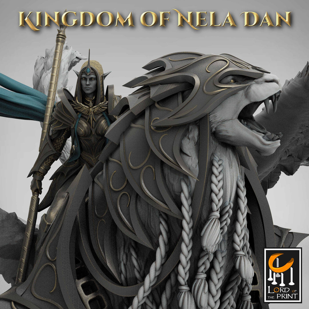 High Elf Female Queen Paladin Mounted on Winged Feline, Moon Elf, Eladrin | 28mm, 32mm,54mm Scales | Dungeons and Dragons | Pathfinder |