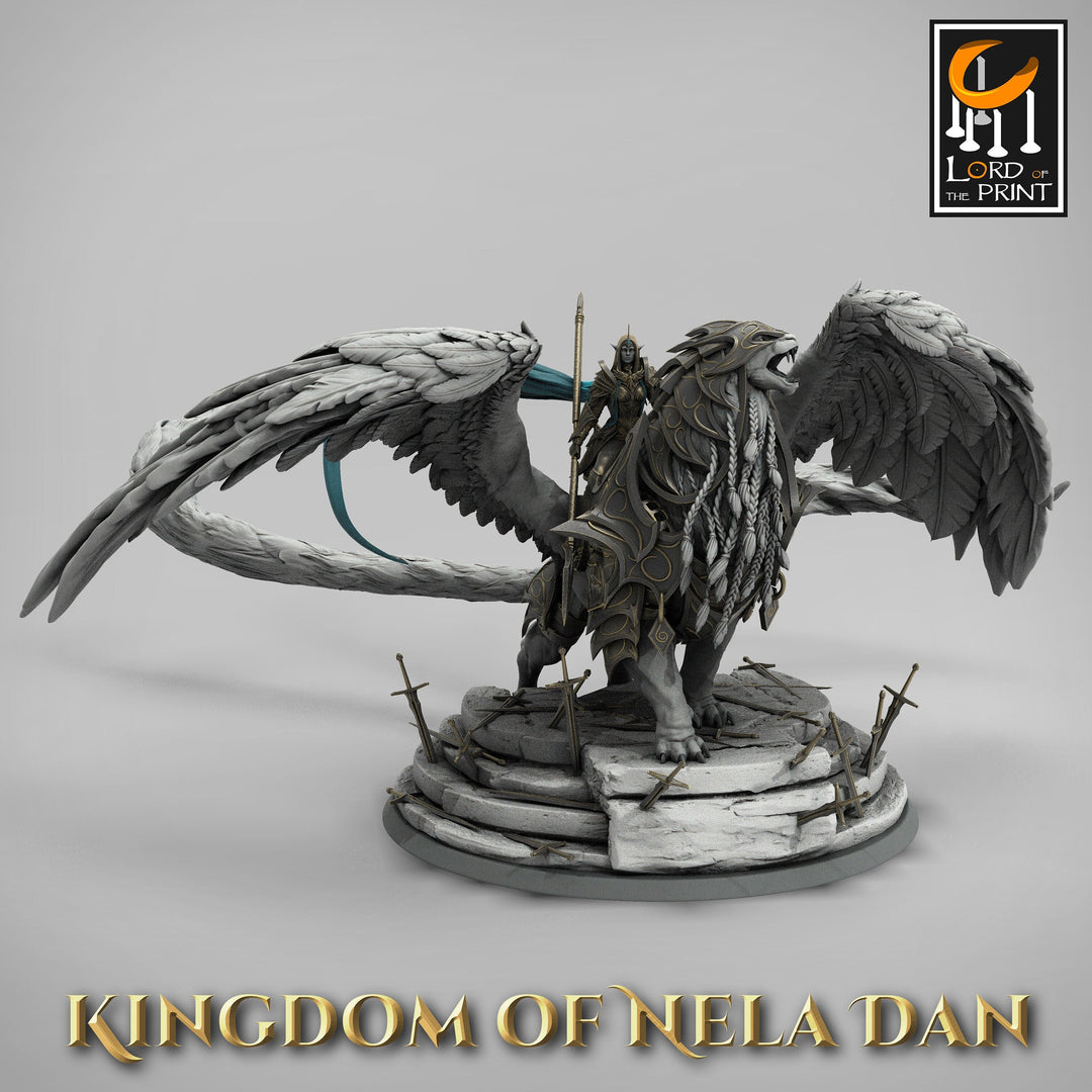 High Elf Female Queen Paladin Mounted on Winged Feline, Moon Elf, Eladrin | 28mm, 32mm,54mm Scales | Dungeons and Dragons | Pathfinder |