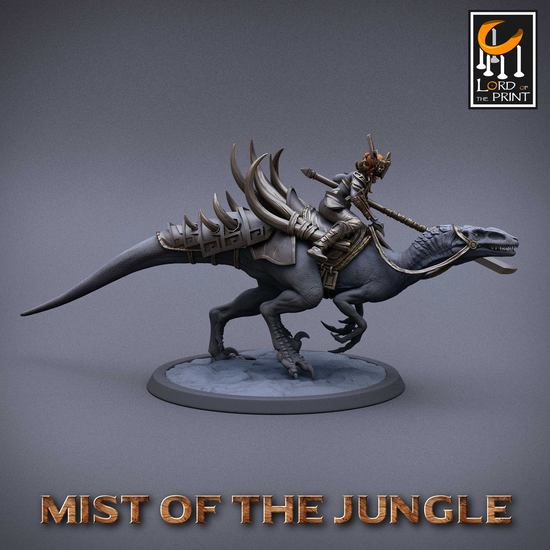 Amazon Fighter Ranger with Spear on Running Raptor | Dungeons and Dragons 5e | 28mm,32mm,75mm Scale | Pathfinder | Lord of The Print