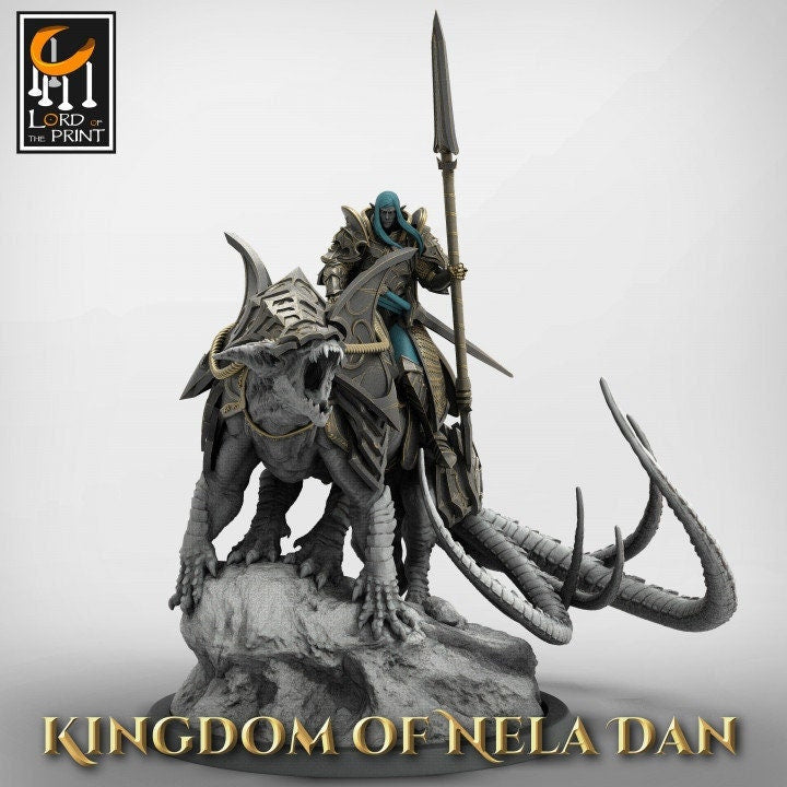 High Elf Lord Paladin Mounted on Feline Beast, Moon Elf, Eladrin Unpainted | Dungeons and Dragons 5e | 28mm,32mm,75mm Scale | Pathfinder