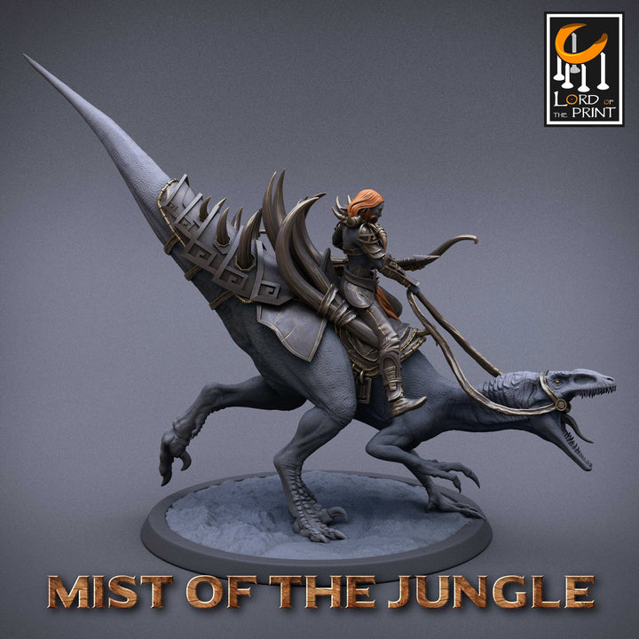 Amazon Archer on Crouched Raptor, Amazon Fighter Ranger | Dungeons and Dragons 5e | 28mm,32mm,75mm Scale | Pathfinder | Lord of The Print
