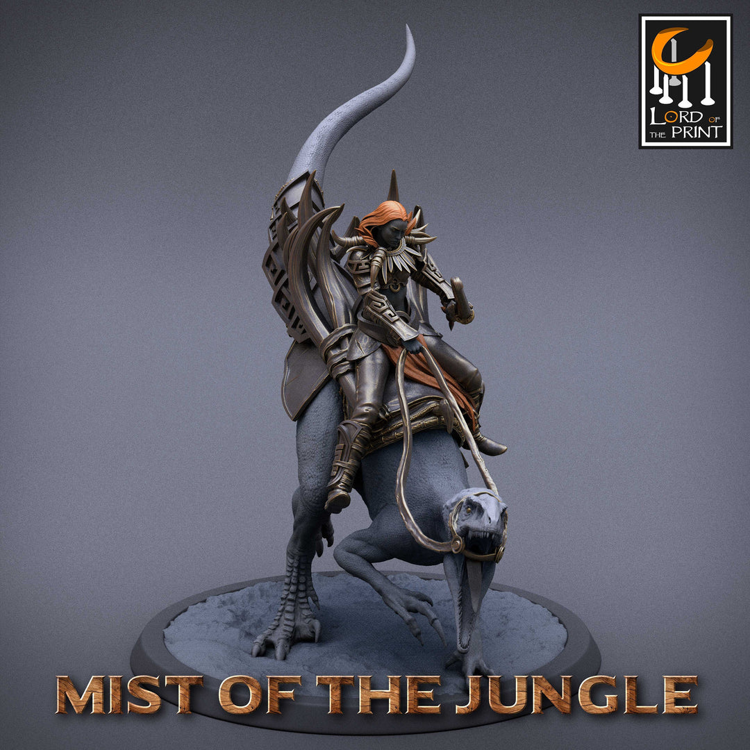 Amazon Archer on Crouched Raptor, Amazon Fighter Ranger | Dungeons and Dragons 5e | 28mm,32mm,75mm Scale | Pathfinder | Lord of The Print