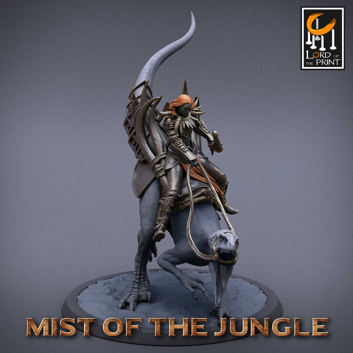 Amazon Archer on Crouched Raptor, Amazon Fighter Ranger | Dungeons and Dragons 5e | 28mm,32mm,75mm Scale | Pathfinder | Lord of The Print