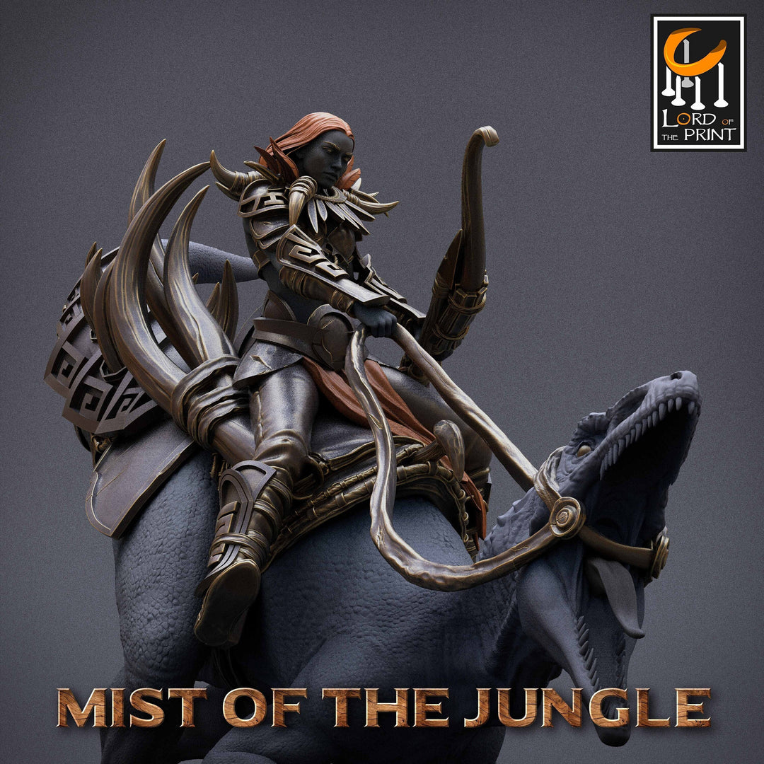 Amazon Archer on Crouched Raptor, Amazon Fighter Ranger | Dungeons and Dragons 5e | 28mm,32mm,75mm Scale | Pathfinder | Lord of The Print