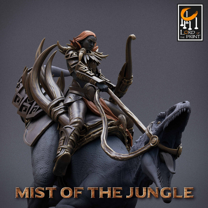 Amazon Archer on Crouched Raptor, Amazon Fighter Ranger | Dungeons and Dragons 5e | 28mm,32mm,75mm Scale | Pathfinder | Lord of The Print
