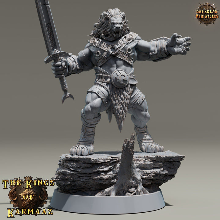 Leonin LionFolk Fighter Barbarian | 28mm, 32mm, 54mm, 75mm Scales,100mm Tall | Dungeons and Dragons D&amp;D 5e | Pathfinder| Daybreak Miniatures