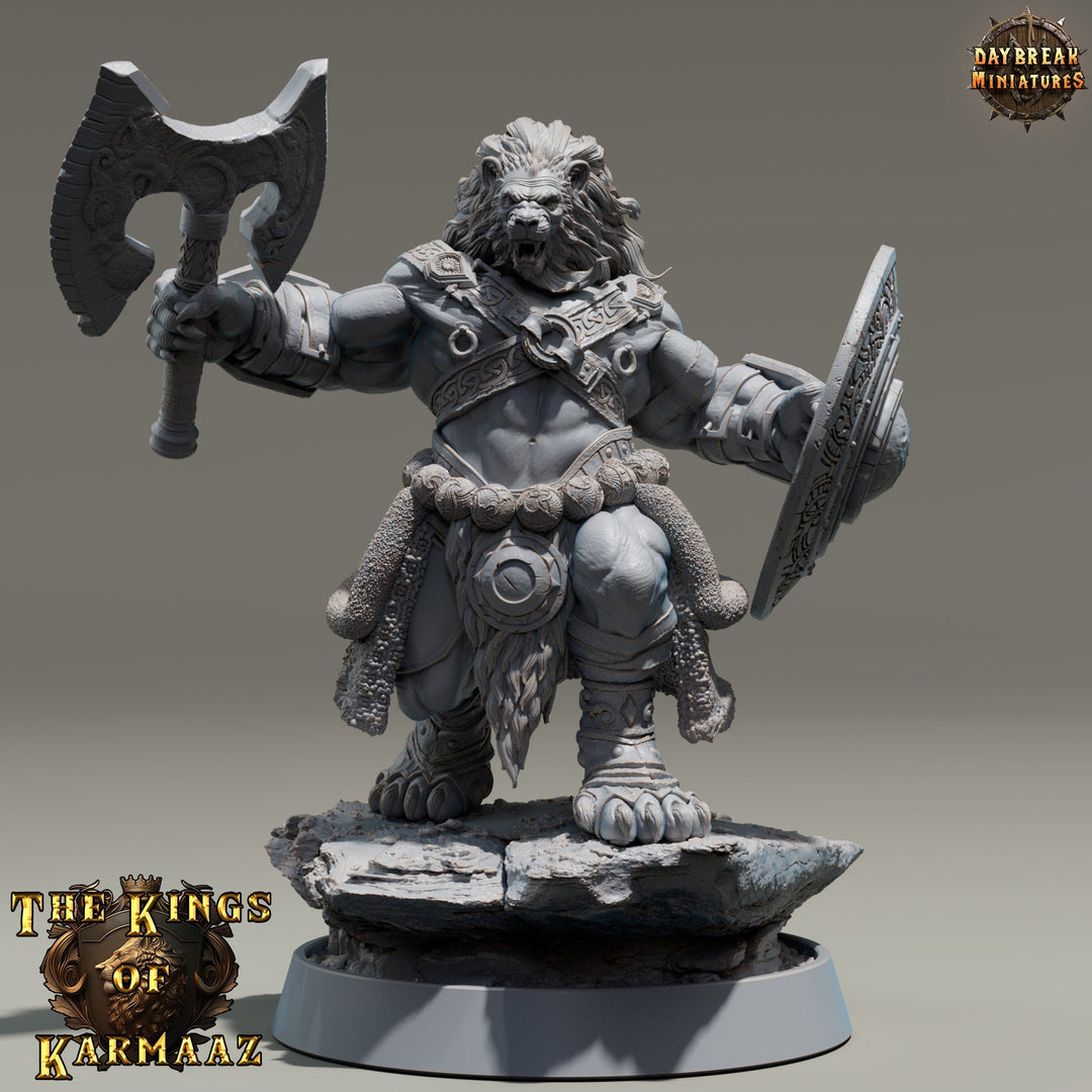 Leonin LionFolk Fighter Barbarian | 28mm, 32mm, 54mm, 75mm Scales,100mm Tall | Dungeons and Dragons D&D 5e | Pathfinder| Daybreak Miniatures