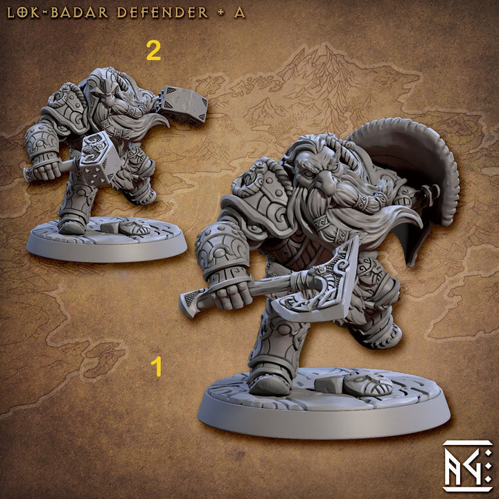 Male Fighter Dwarf with Hammer &amp; Axe, Dual Hammers and Helm | 28mm, 32mm, 54mm, 75mm Scale Miniature | Dungeons and Dragons | Artisan Guild