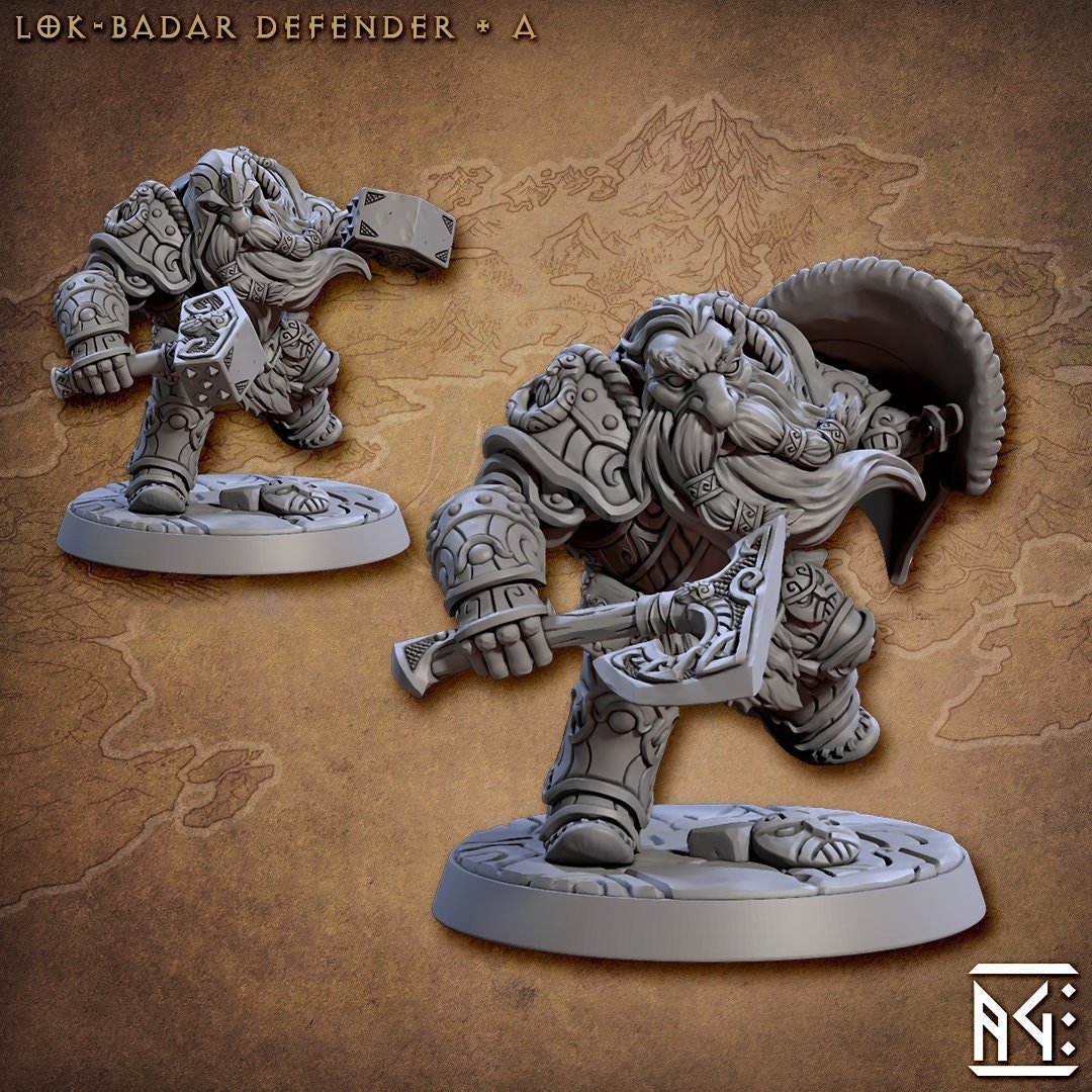 Male Fighter Dwarf with Hammer & Axe, Dual Hammers and Helm | 28mm, 32mm, 54mm, 75mm Scale Miniature | Dungeons and Dragons | Artisan Guild