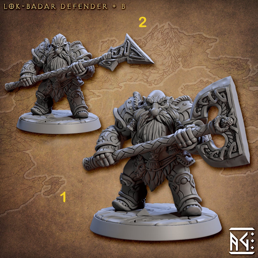 Male Fighter Dwarf with Axe, Halberd and Helm | 28mm, 32mm, 54mm, 75mm Scale Miniature | Dungeons and Dragons | Artisan Guild