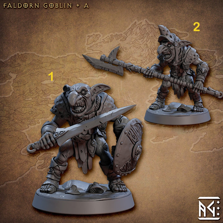 Goblin Fighter Sword and Shield, Goblin polearm | 28mm, 32mm Scale, 54 tall, 75 tall Resin Miniature | Dungeons and Dragons | Artisan Guild