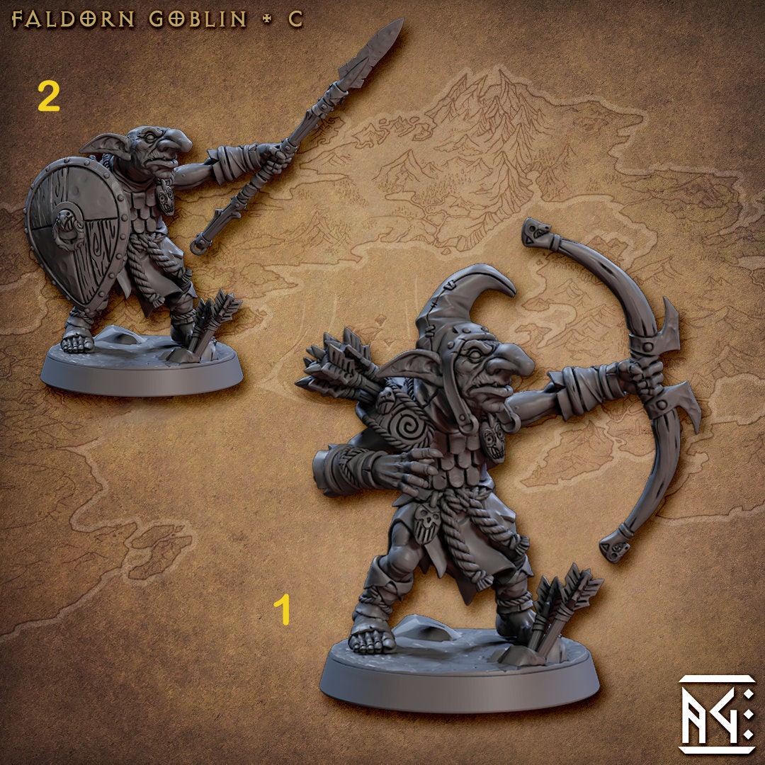 Goblin Fighter Bow Archer, Goblin Spear &amp; Shield | 28mm, 32mm Scale, 54 tall, 75 tall Resin Miniature | Dungeons and Dragons | Artisan Guild