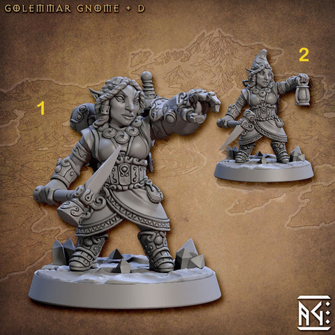 Fighter Female Gnome Pick and Steam Fist & lantern and Pick | 28mm, 32mm, 54mm, 75mm Scale Miniature | Dungeons and Dragons | Artisan Guild