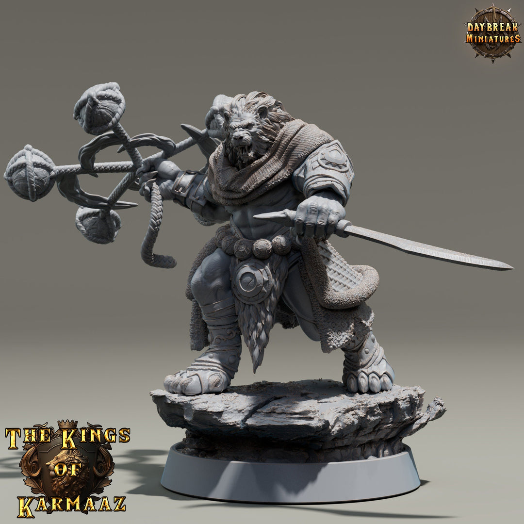Leonin LionFolk Fighter Barbarian | 28mm, 32mm, 54mm, 75mm Scales,100mm Tall | Dungeons and Dragons D&D 5e | Pathfinder| Daybreak Miniatures