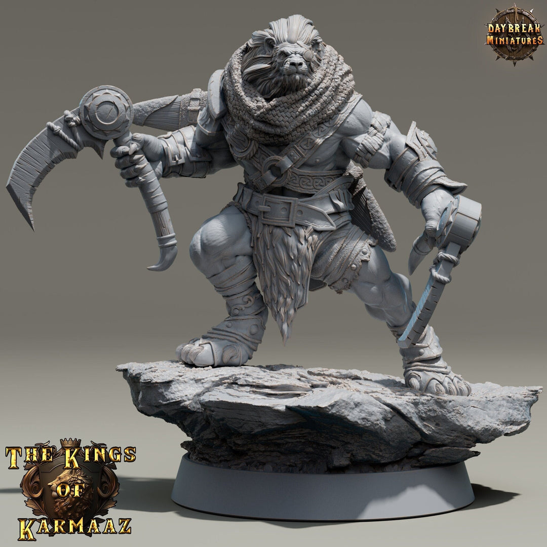 Leonin LionFolk Fighter Barbarian | 28mm, 32mm, 54mm, 75mm Scales,100mm Tall | Dungeons and Dragons D&D 5e | Pathfinder| Daybreak Miniatures