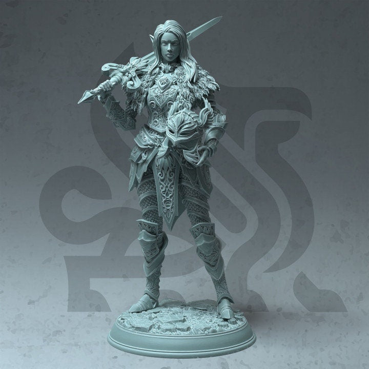 Female High Elf Paladin Fighter Spell blade, Moon Elf, Eladrin Miniature | 28mm, 32mm,54mm,75mm, 100mm Scales | Dungeons and Dragons 5E