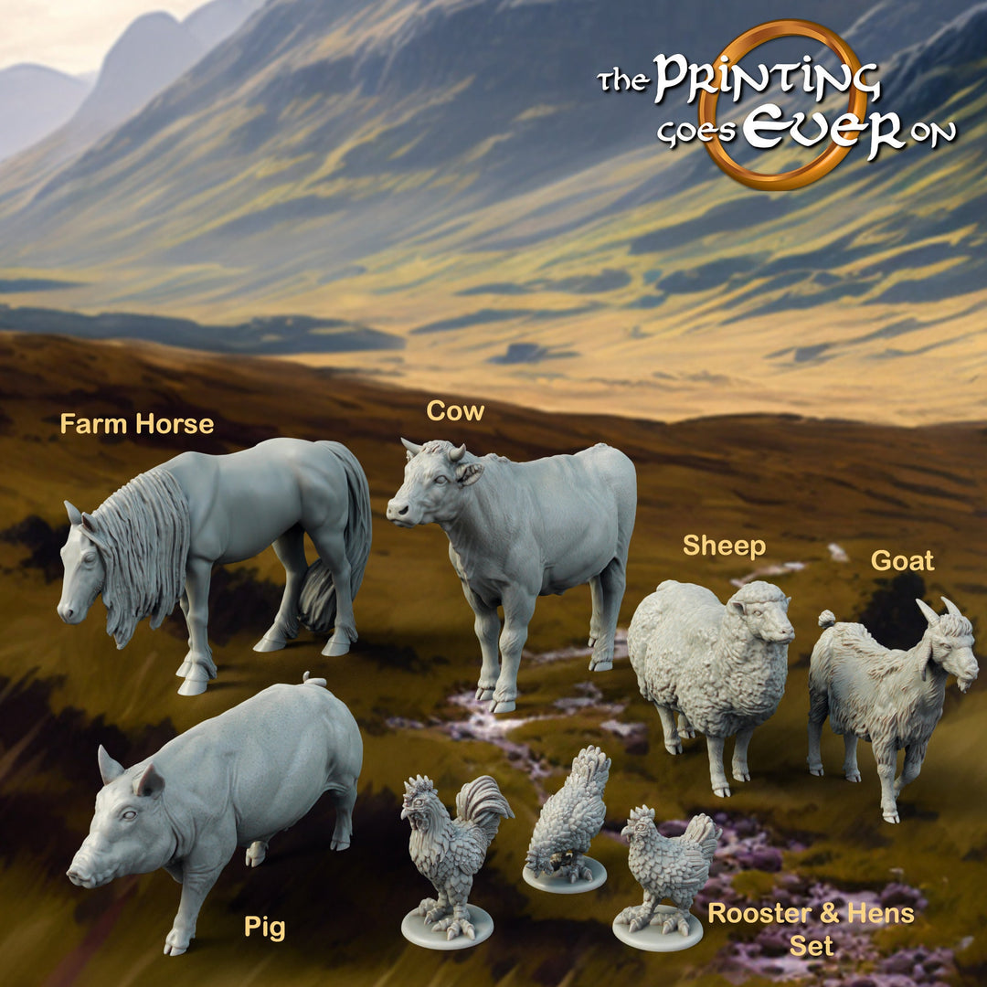 Farm Animals Resin Miniatures | 28mm,32mm, 54mm,75mm Scale | NPC terrain Props Cow, Horse, Hens | Dungeons and Dragons | Pathfinder | DnD
