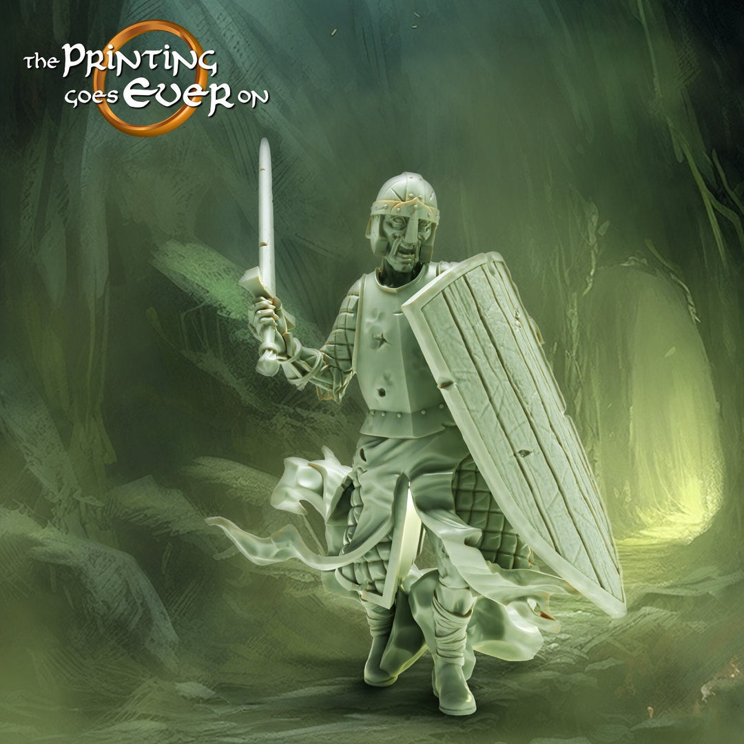 Undead Ghost Fighter with Sword and Shield | Miniature | 28mm, 32mm, 75mm, 100mm Scales | Pathfinder Figure | D&D 5e | Figurine unpainted |