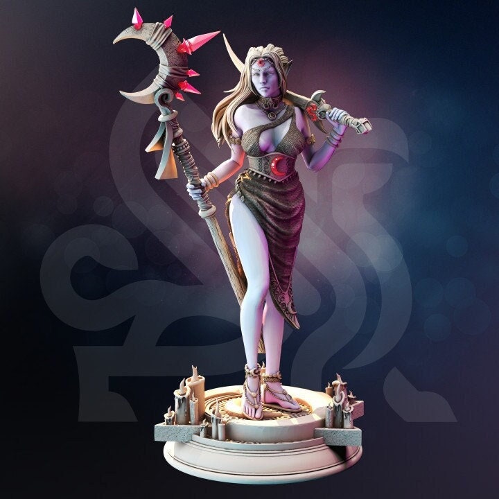 Pinup Female Elf Druid Staff and Scimitar Miniature | 28mm, 32mm,54mm,75mm, 100mm Scales | Dungeons and Dragons 5E | DM Stash