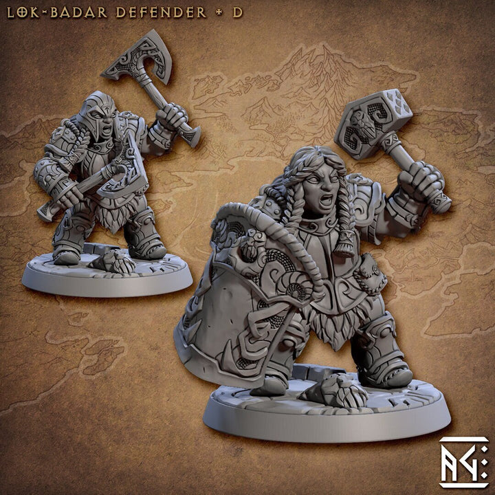 Female Fighter Cleric Dwarf with Hammer &amp; Axes, Helm, Shield | 28mm, 32mm, 54mm, 75mm Scale Miniature | Dungeons and Dragons | Artisan Guild