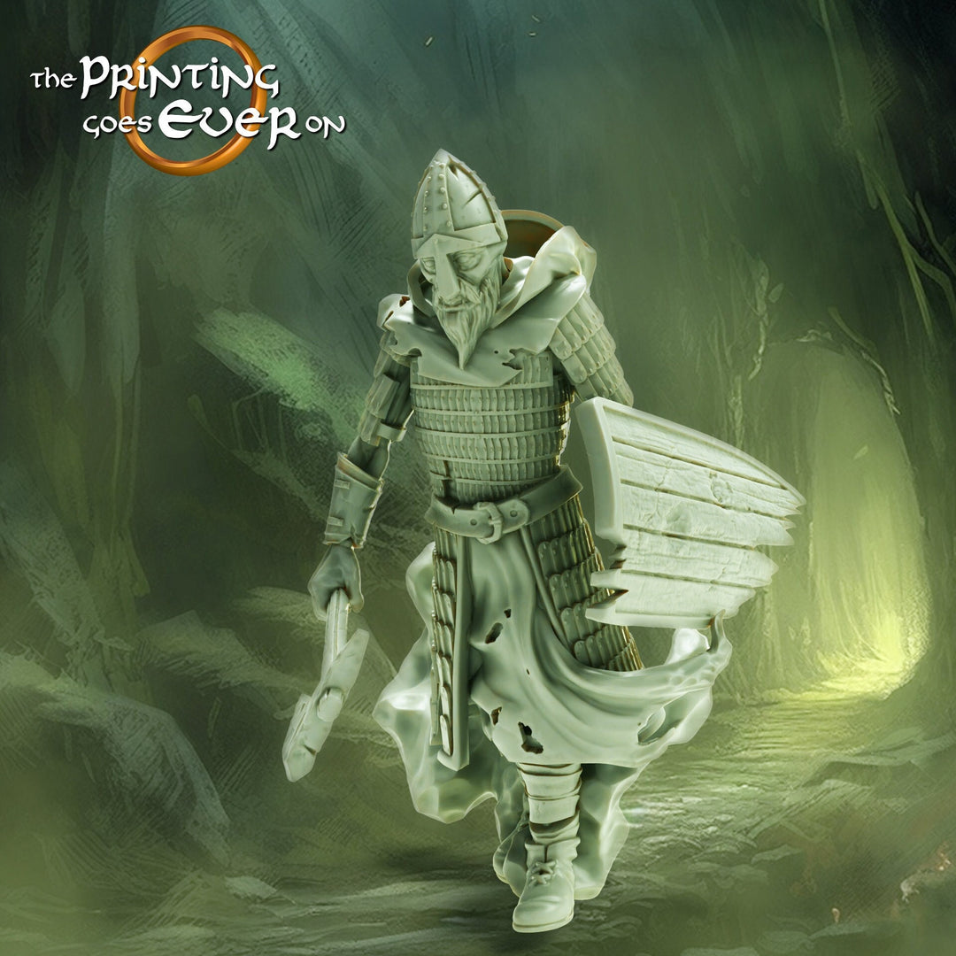 Undead Ghost Fighter with Axe and Shield | Miniature | 28mm, 32mm, 75mm, 100mm Scales | Pathfinder Figure | D&D 5e | Figurine unpainted |
